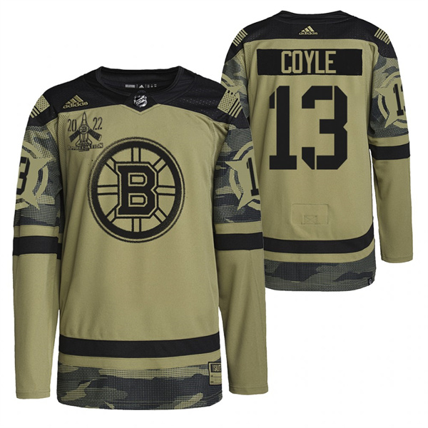 Personalized Men’s Boston Bruins #13 Charlie Coyle 2022 Camo Military Appreciation Night Stitched Jersey