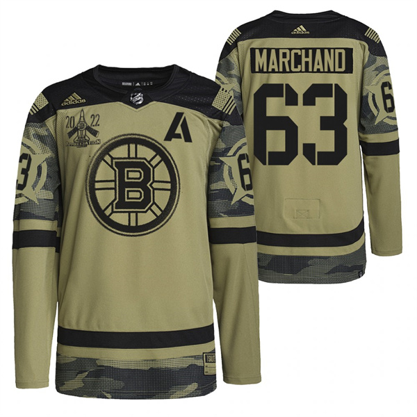 Personalized Men’s Boston Bruins #63 Brad Marchand 2022 Camo Military Appreciation Night Stitched Jersey