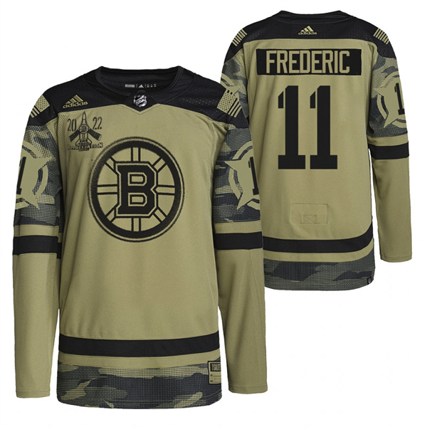 Personalized Men’s Boston Bruins #11 Trent Frederic 2022 Camo Military Appreciation Night Stitched Jersey