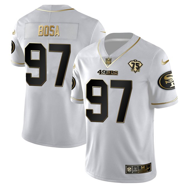 Personalized Men’s San Francisco 49ers #97 Nick Bosa White Gold 75th Anniversary Stitched Jersey