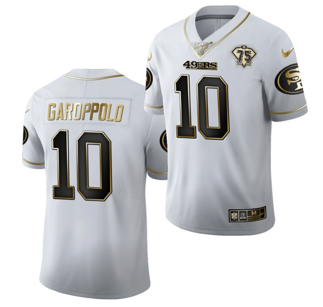 Personalized Men’s San Francisco 49ers #10 Jimmy Garoppolo White Gold 75th Anniversary Stitched Jersey