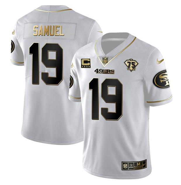 Personalized Men’s San Francisco 49ers #19 Deebo Samuel White Gold 75th Anniversary With C Patch Stitched Jersey