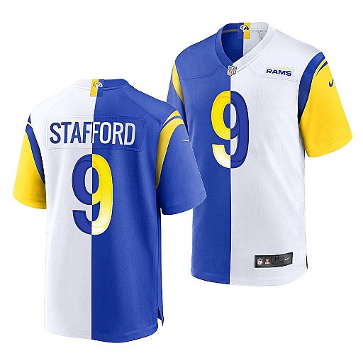 Personalized Men’s Los Angeles Rams #9 Matthew Stafford Royal White Split Stitched Football Jersey