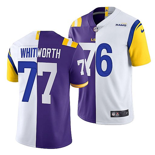 Personalized Men’s Los Angeles Rams X LSU Tigers #77 Matthew Stafford Purple White Split Stitched Jersey