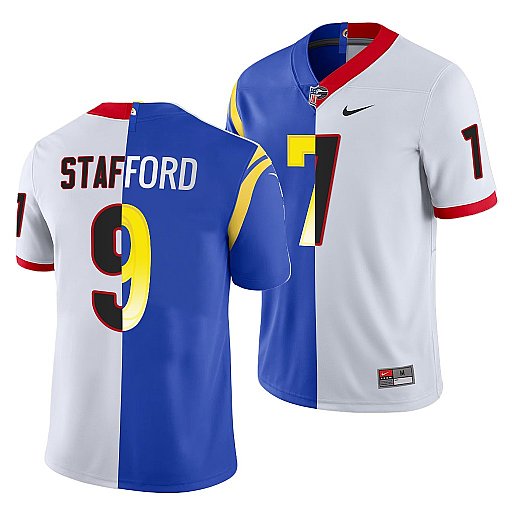 Personalized Men’s Los Angeles Rams X Georgia Bulldogs #9 Matthew Stafford White Royal Split Stitched Jersey