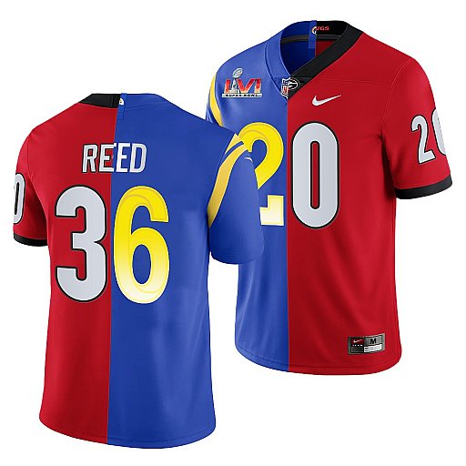 Personalized Men’s Los Angeles Rams X Georgia Bulldogs #36 J.R. Reed Red Royal Split Super Bowl LVI Stitched Jersey