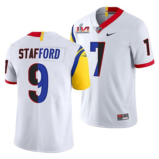 Personalized Men’s Los Angeles Rams X Georgia Bulldogs #9 Matthew Stafford White Split Super Bowl LVI Stitched Jersey
