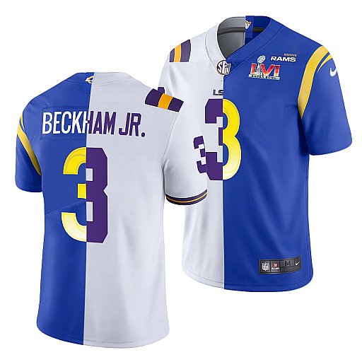 Personalized Men’s Los Angeles Rams X LSU Tigers #3 Odell Beckham Jr. White Royal Split Super Bowl LVI Stitched Jersey