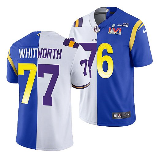 Personalized Men’s Los Angeles Rams X LSU Tigers #77 Matthew Stafford White Royal Split Super Bowl LVI Stitched Jersey