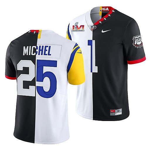 Personalized Men’s Los Angeles Rams X Georgia Bulldogs #25 Sony Michel Black White Split Super Bowl LVI Stitched Jersey