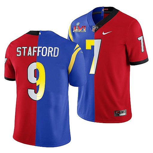 Personalized Men’s Los Angeles Rams X Georgia Bulldogs #9 Matthew Stafford Red Royal Split Super Bowl LVI Stitched Jersey