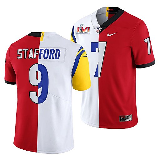 Personalized Men’s Los Angeles Rams X Georgia Bulldogs #9 Matthew Stafford Red White Split Super Bowl LVI Stitched Jersey