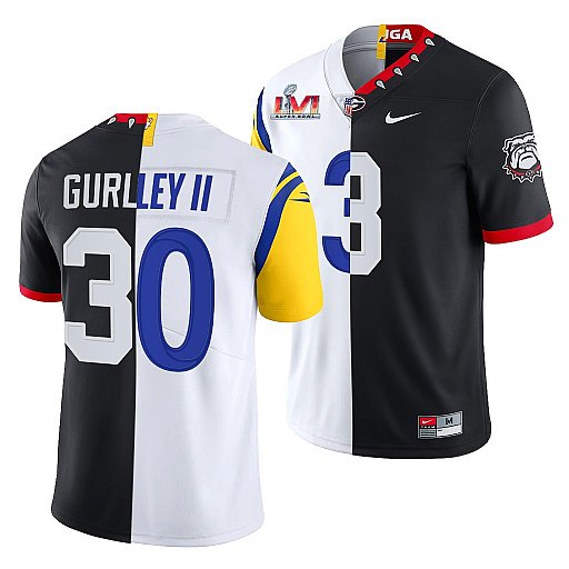 Personalized Men’s Los Angeles Rams X Georgia Bulldogs #30 Todd Gurley II Black White Split Super Bowl LVI Stitched Jersey
