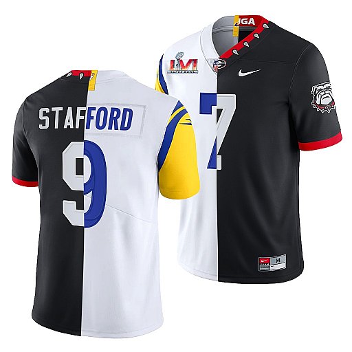 Personalized Men’s Los Angeles Rams X Georgia Bulldogs #9 Matthew Stafford Black White Split Super Bowl LVI Stitched Jersey