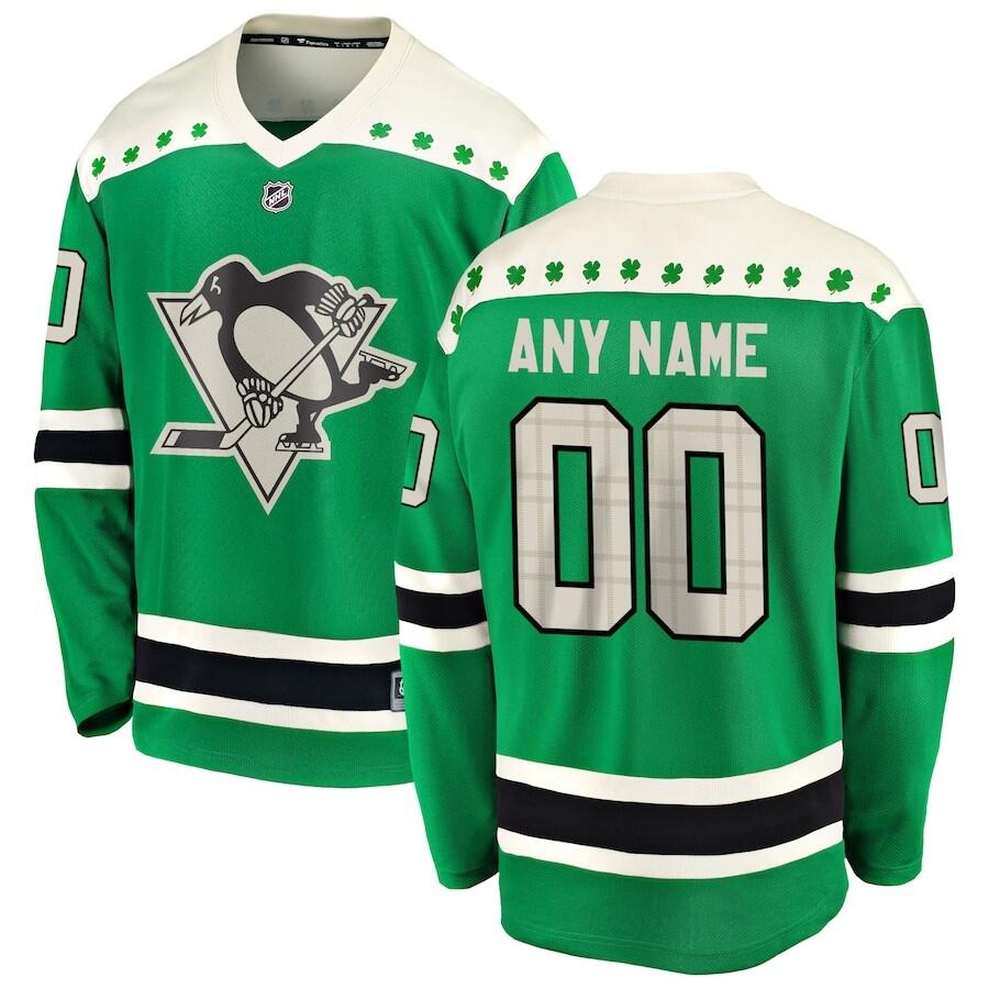 Personalized Custom Men’s Pittsburgh Penguins Fanatics Branded Green 2021 St. Patrick’s Day Breakaway Jersey