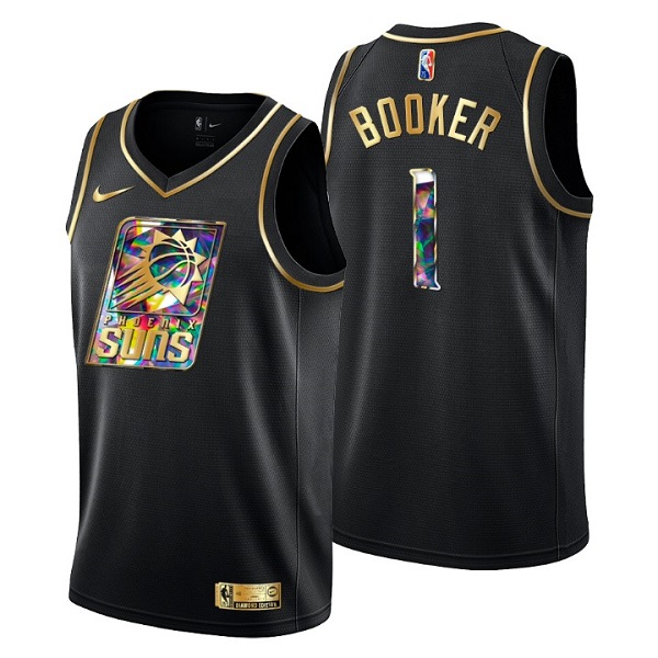 Personalized Men’s Phoenix Suns #1 Devin Booker 2021 22 Black Golden Edition Diamond Logo Black 75th Anniversary Stitched Basketball Jersey