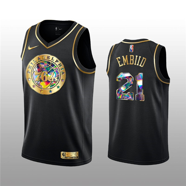 Personalized Men’s Philadelphia 76ers #21 Joel Embiid 2021 22 Black Golden Edition 75th Anniversary Diamond Logo Stitched Basketball Jersey