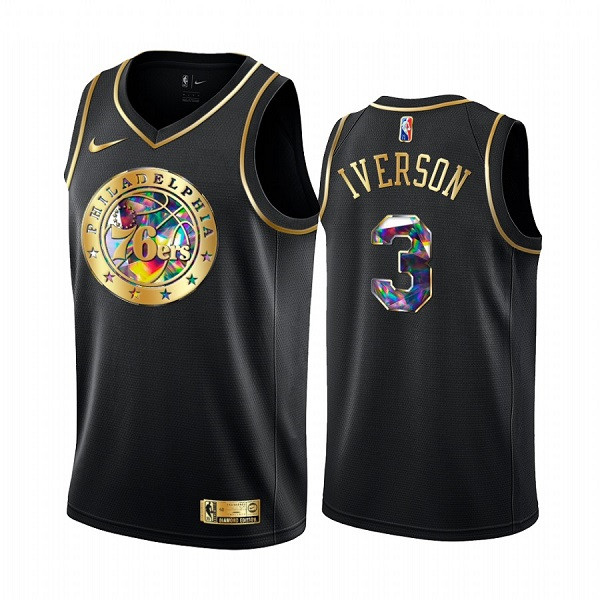 Personalized Men’s Philadelphia 76ers #3 Allen Iverson 2021 22 Black Golden Edition 75th Anniversary Diamond Logo Stitched Basketball Jersey
