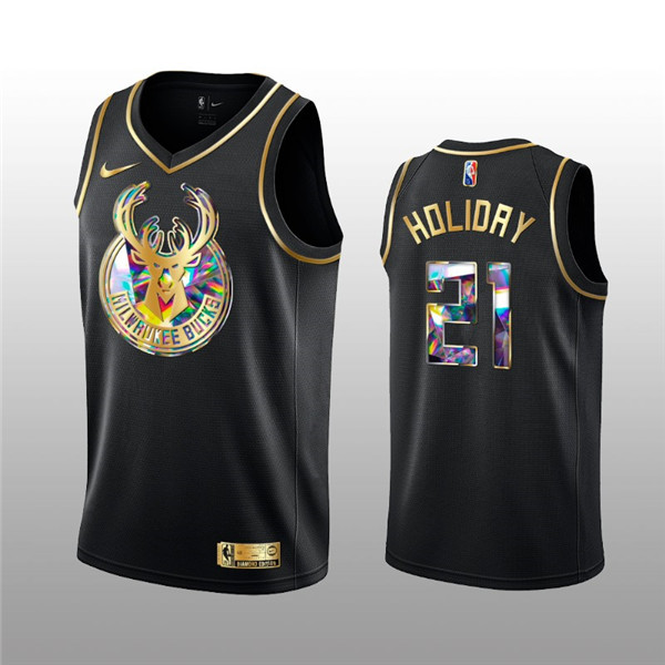 Personalized Men’s Milwaukee Bucks #21 Jrue Holiday 2021 22 Black Golden Edition 75th Anniversary Diamond Logo Stitched Basketball Jersey