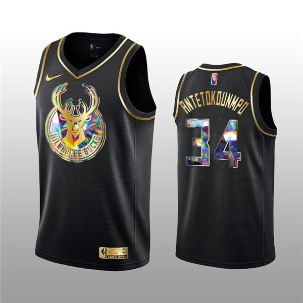 Personalized Men’s Milwaukee Bucks #34 Giannis Antetokounmpo 2021 22 Black Golden Edition 75th Anniversary Diamond Logo Stitched Basketball Jersey