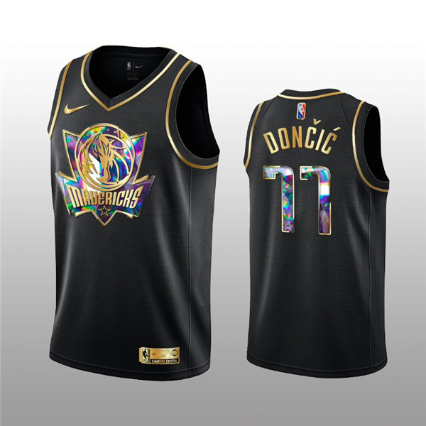 Personalized Men’s Dallas Mavericks #77 Luka Doncic 2021 22 Black Golden Edition 75th Anniversary Diamond Logo Stitched Basketball Jersey