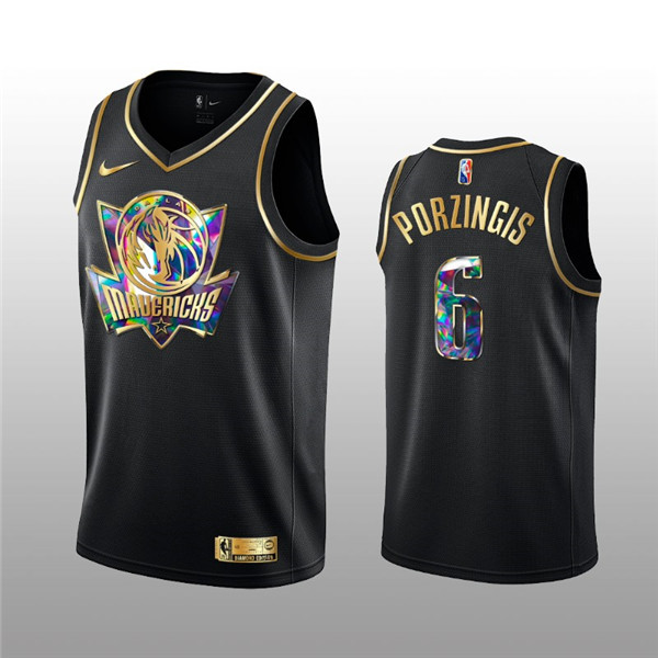 Personalized Men’s Dallas Mavericks #6 Kristaps Porzingis 2021 22 Black Golden Edition 75th Anniversary Diamond Logo Stitched Basketball Jersey