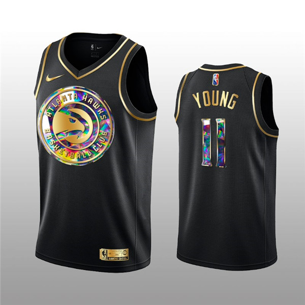 Personalized Men’s Atlanta Hawks #11 Trae Young 2021 22 Black Golden Edition 75th Anniversary Diamond Logo Stitched Basketball Jersey