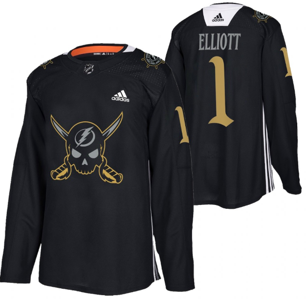 Personalized Men’s Tampa Bay Lightning #1 Brian Elliott Black Gasparilla Inspired Pirate-Themed Warmup Stitched Jersy