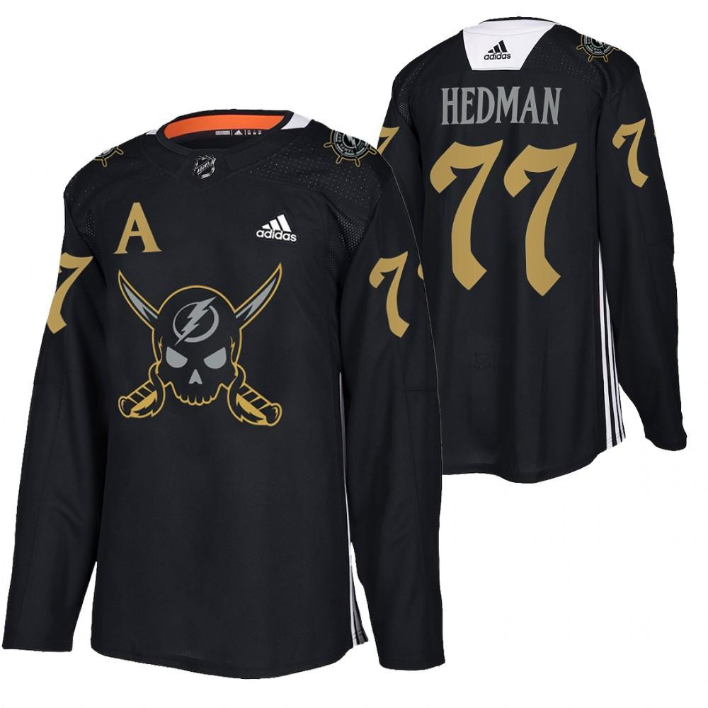 Personalized Men’s Tampa Bay Lightning #77 Victor Hedman Black Gasparilla Inspired Pirate-Themed Warmup Stitched Jersy
