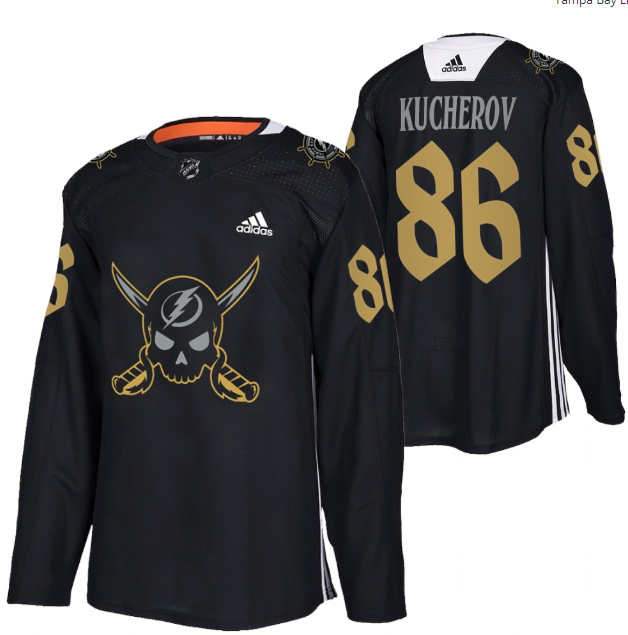 Personalized Men’s Tampa Bay Lightning #86 Nikita Kucherov Black Gasparilla Inspired Pirate-Themed Warmup Stitched Jersy