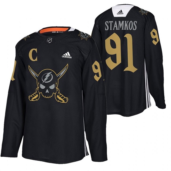 Personalized Men’s Tampa Bay Lightning #91 Steven Stamkos Black Gasparilla Inspired Pirate-Themed Warmup Stitched Jersy