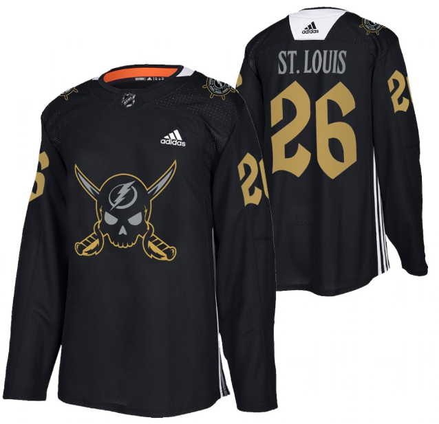 Personalized Men’s Tampa Bay Lightning #26 Martin St. Louis Black Gasparilla Inspired Pirate-Themed Warmup Stitched Jersy