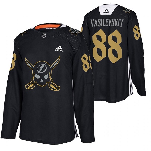 Personalized Men’s Tampa Bay Lightning #88 Andrei Vasilevskiy Black Gasparilla Inspired Pirate-Themed Warmup Stitched Jersy
