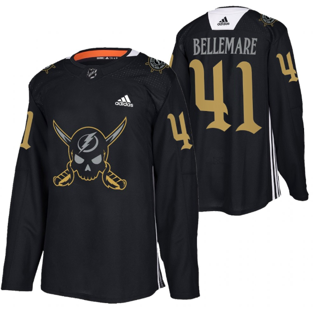 Personalized Men’s Tampa Bay Lightning #41 Pierre-Edouard Bellemare Black Gasparilla Inspired Pirate-Themed Warmup Stitched Jersy