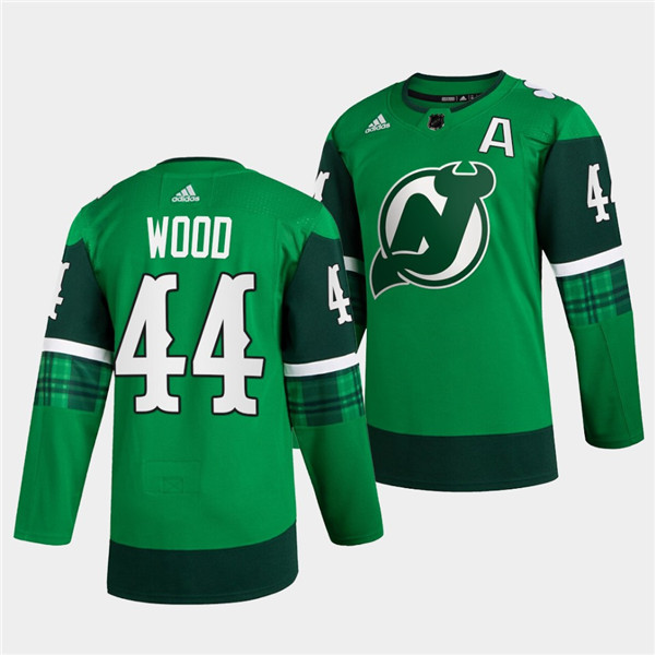 Personalized Men’s New Jersey Devils #44 Miles Wood Green Warm-Up St Patricks Day Stitched Jersey
