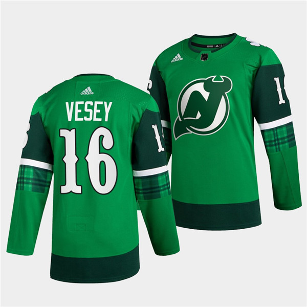 Personalized Men’s New Jersey Devils #16 Jimmy Vesey Green Warm-Up St Patricks Day Stitched Jersey