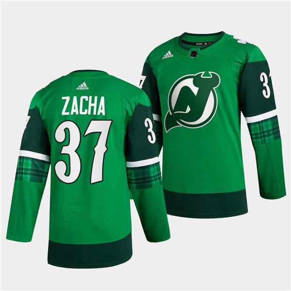 Personalized Men’s New Jersey Devils #37 Pavel Zacha Green Warm-Up St Patricks Day Stitched Jersey