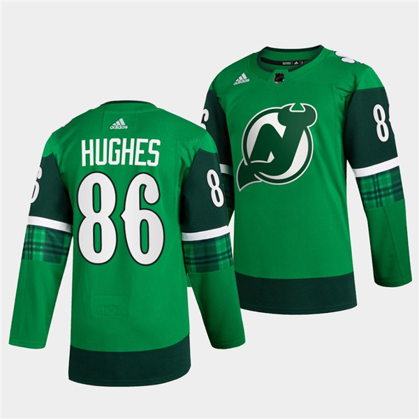 Personalized Men’s New Jersey Devils #86 Jack Hughes Green Warm-Up St Patricks Day Stitched Jersey