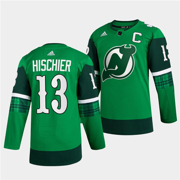 Personalized Men’s New Jersey Devils #13 Nico Hischier Green Warm-Up St Patricks Day Stitched Jersey