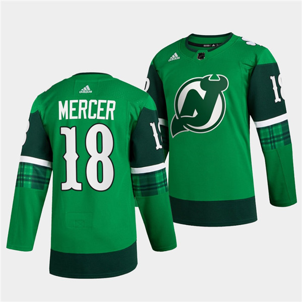 Personalized Men’s New Jersey Devils #18 Dawson Mercer Green Warm-Up St Patricks Day Stitched Jersey