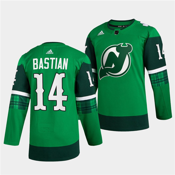 Personalized Men’s New Jersey Devils #14 Nathan Bastian Green Warm-Up St Patricks Day Stitched Jersey