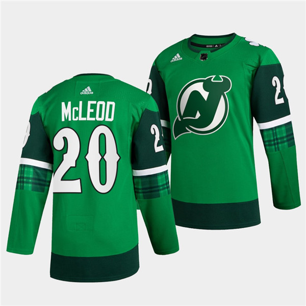 Personalized Men’s New Jersey Devils #20 Michael McLeod Green Warm-Up St Patricks Day Stitched Jersey