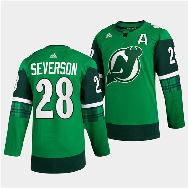 Personalized Men’s New Jersey Devils #28 Damon Severson Green Warm-Up St Patricks Day Stitched Jersey