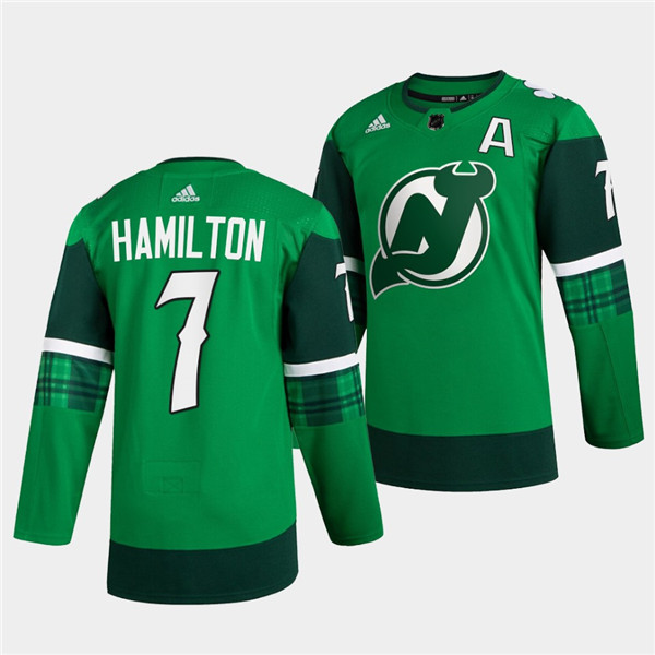 Personalized Men’s New Jersey Devils #7 Dougie Hamilton Green Warm-Up St Patricks Day Stitched Jersey