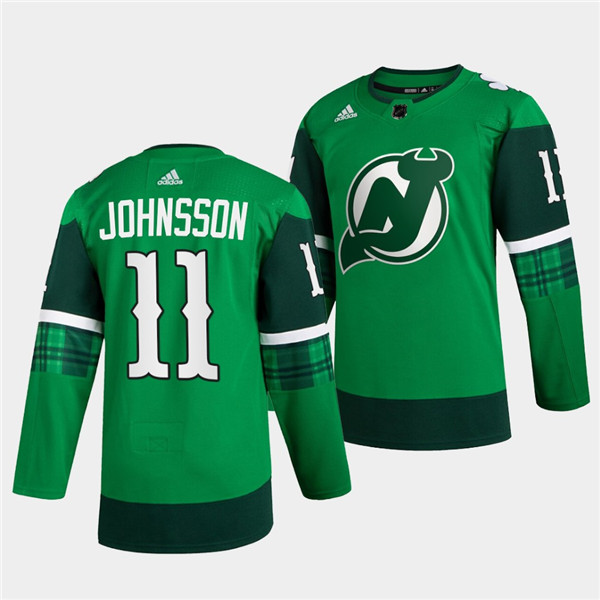 Personalized Men’s New Jersey Devils #11 Andreas Johnsson Green Warm-Up St Patricks Day Stitched Jersey