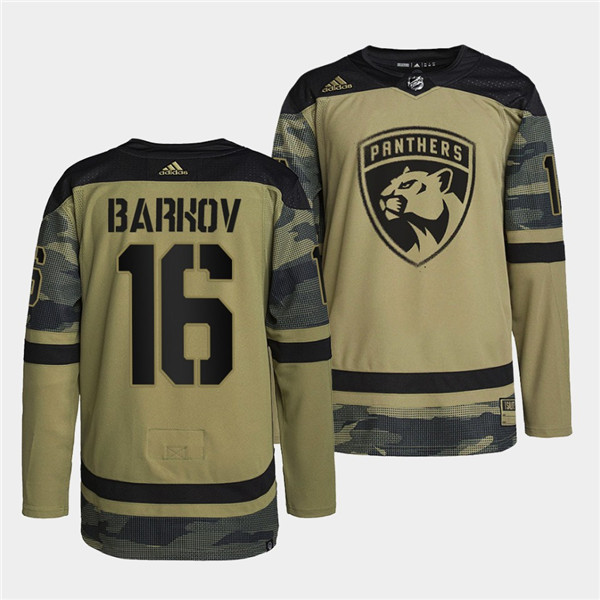 Personalized Men’s Florida Panthers #16 Aleksander Barkov 2022 Camo Military Appreciation Night Stitched Jersey