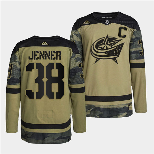Personalized Men’s Columbus Blue Jackets #38 Boone Jenner 2022 Camo Military Appreciation Night Stitched Jersey