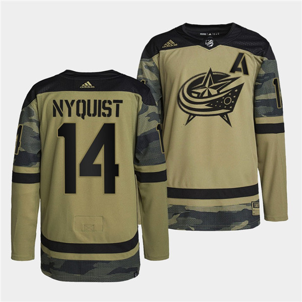 Personalized Men’s Columbus Blue Jackets #14 Gustav Nyquist 2022 Camo Military Appreciation Night Stitched Jersey