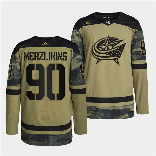 Personalized Men’s Columbus Blue Jackets #90 Elvis Merzlikins 2022 Camo Military Appreciation Night Stitched Jersey