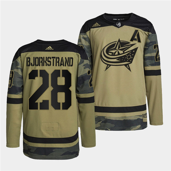 Personalized Men’s Columbus Blue Jackets #28 Oliver Bjorkstrand 2022 Camo Military Appreciation Night Stitched Jersey